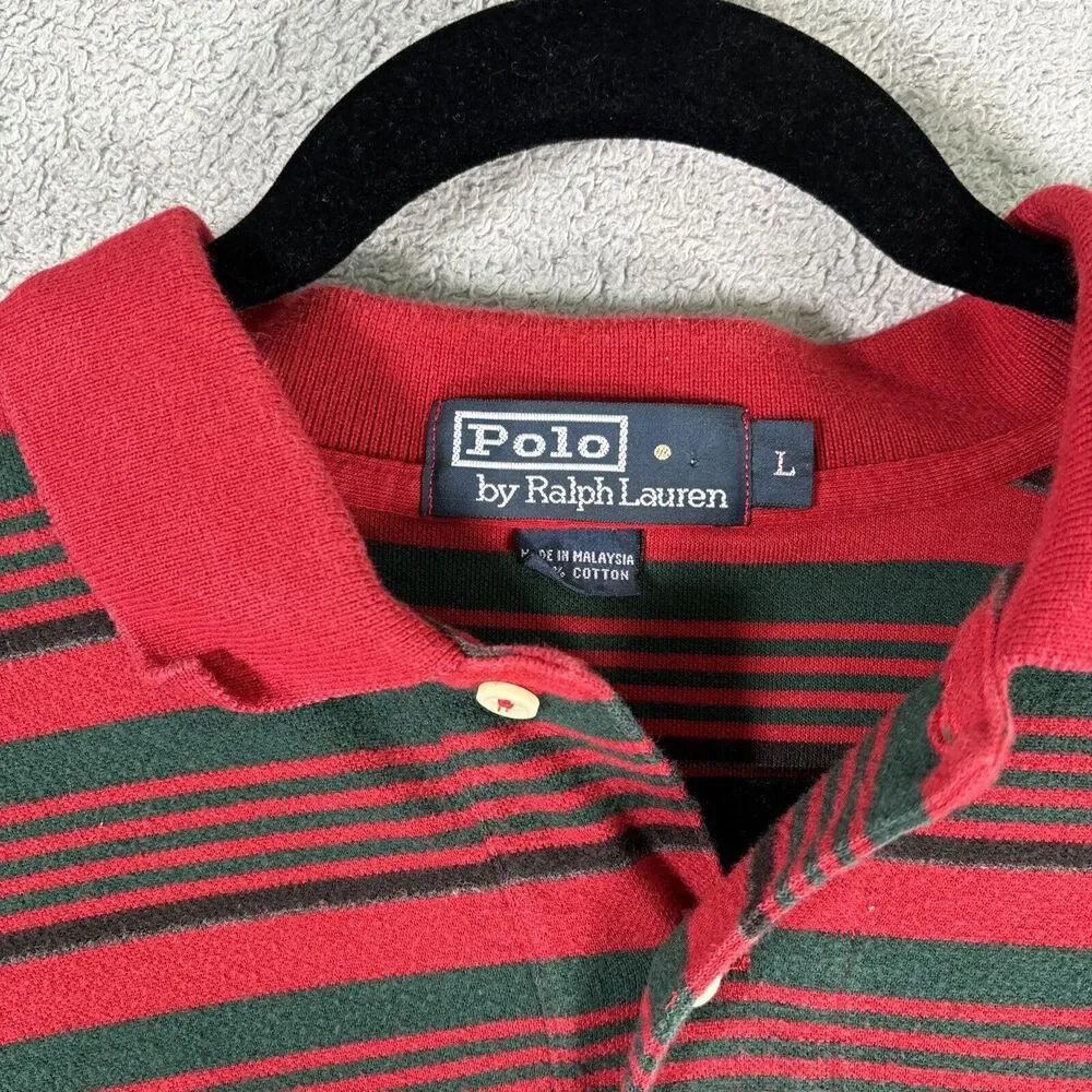 Vintage Polo By Ralph Lauren Size L Polo Red‎ Striped Short Sleeve Christmas